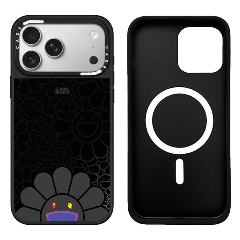 TAKASHI MURAKAMI x CASECASE: FLOWERS BLOOM SMILE (ĐEN) Gương đen & bạc Vỏ iPhone hút từ tính cho iPhone 17 Air 16 15 14 13 12 Pro Max Plus logo khắc