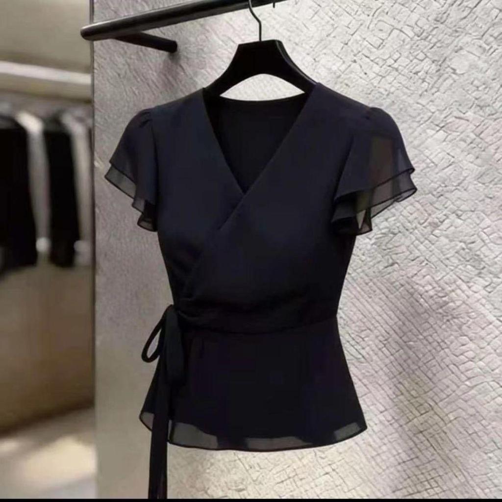 [Giảm giá trong thời gian có hạn] Áo sơ mi voan lá sen kiểu Pháp Áo sơ mi eo hẹp phù hợp, thiết kế khí chất hàng đầu mùa hè Sản phẩm mới ngắn tay