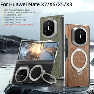 Da họa tiết Litchi sang trọng PC hai lớp Bảo vệ cản trước 360° Xoay Kim Loại Từ Giá Đỡ Đứng Bản Lề Ốp Lưng Điện Thoại Huawei Mate X7 X6 X5 X3 Vỏ Cứng