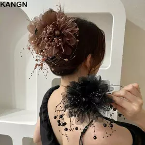 KANGN Nắm Kẹp, Kẹp Tóc Hoa Tua Rua Kim Sa Lấp Lánh, Nhựa Thời Trang Hoa Mẫu Đơn Cua Kẹp Tóc Cô Gái