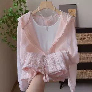 Áo len chống nắng ren màu hồng phù hợp với phong cách nhẹ nhàng ngọt ngào siêu cổ tích nhẹ Quần áo chống nắng thoáng khí