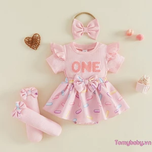 Trang phục sinh nhật 1 tuổi cho bé gái Áo liền quần ngắn tay thêu chữ + Váy in + Vớ + Băng đô Bộ 4 món