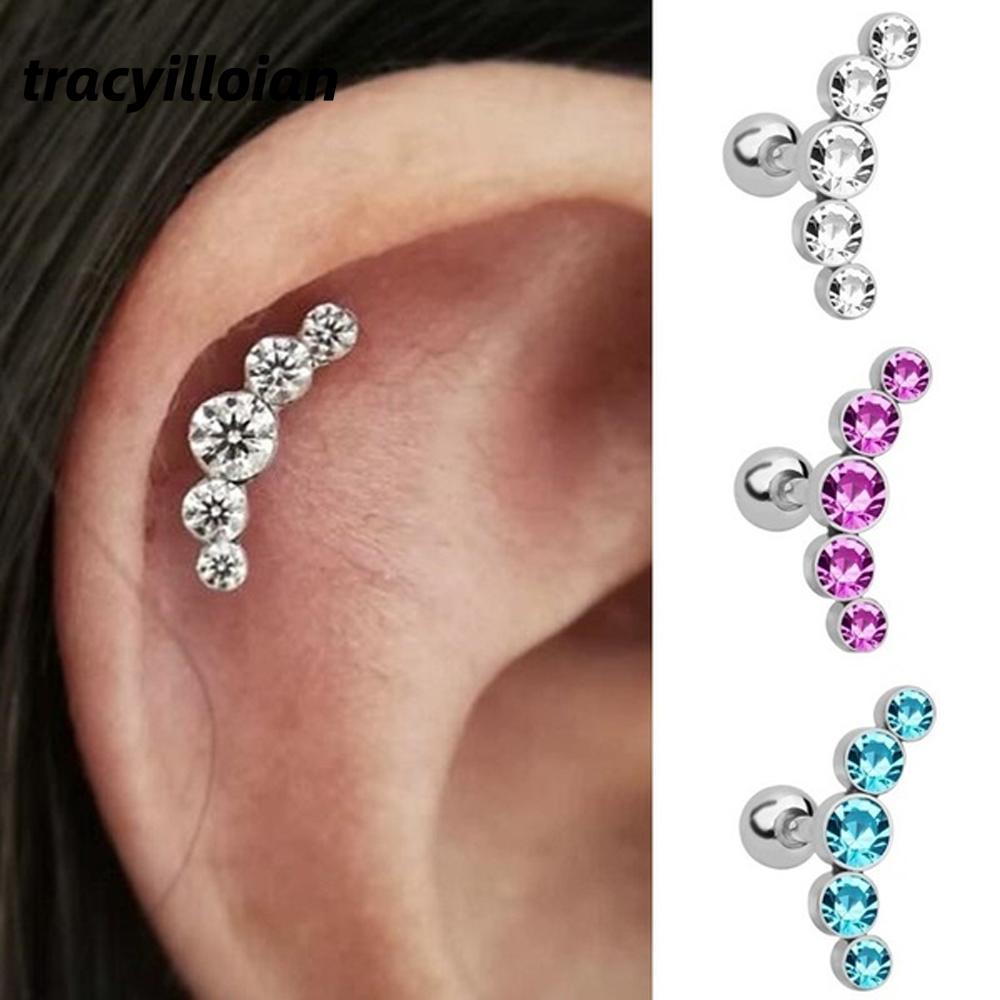 TRACEYILLOIAN 1 Chiếc Bông Tai Punk Rock Thép Không Gỉ Thanh Pha Lê Đá Quý Opal Trang Sức Cơ Thể