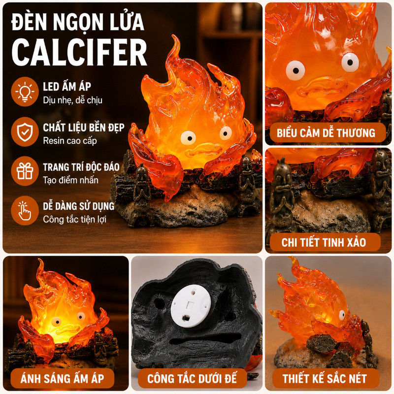 【SKISOPGO】Mô hình kèm đèn ngủ Calcifer 13cm có đèn LED cực đẹp,Tượng Nhựa Resin Trang Trí,Mô hình ngọn lửa Ghibli