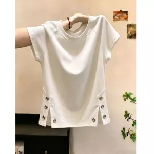 Milyfashion Phong Cách Mới Nút Áo Thun Cổ Tròn Tay Ngắn Mùa Hè Phong Cách Mới Mỏng Hơn Nhìn Kích Thước Lớn Tất Cả Trận Đấu Trắng Ngắn Top GNGM