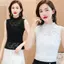Áo sơ mi ren AWNGD, Áo bình hoa co giãn L-3XL, Áo thun nửa cổ cao màu đen trắng thanh lịch dành cho nữ bé gái
