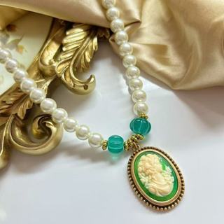 1 Cặp Bông Tai Vòng Cổ Vintage Ngọc Trai Men Đầu Màu Xanh Lá Cây
