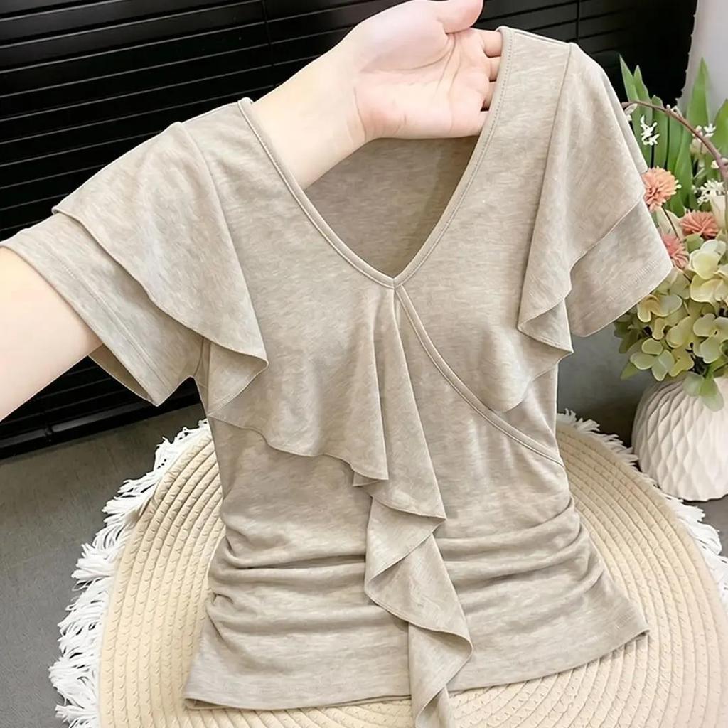 [Seckill trong thời gian có hạn] Phong cách mới Thiết kế bán chạy Áo thun ngắn tay cổ chữ V xù, Áo thun đẹp nhẹ nhàng mùa hè