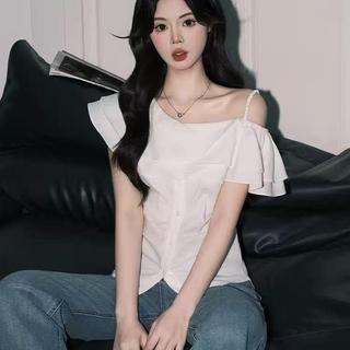 [Thời gian có hạn Seckill] Áo sơ mi đeo vai xù màu trắng có tính khí dành cho nữ sang trọng Slimmer Look Top Sản phẩm chính hãng siêu cổ tích