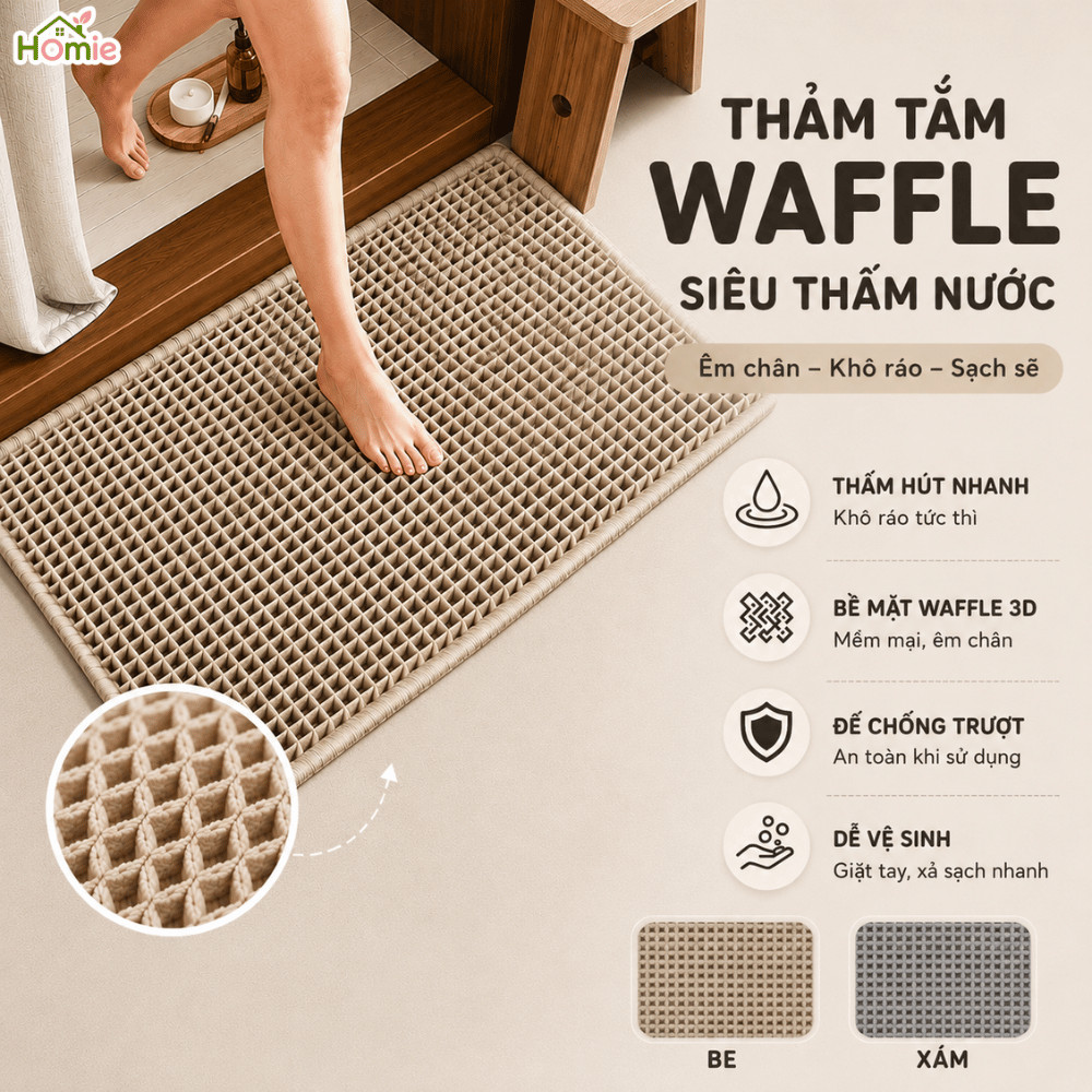 Thảm Lau Chân Vải Dệt Tổ Ong Thấm Hút Nước Cao Cấp HOMIE, Thảm Chùi Chân Nhà Tắm Mềm Mại Chống Trượt