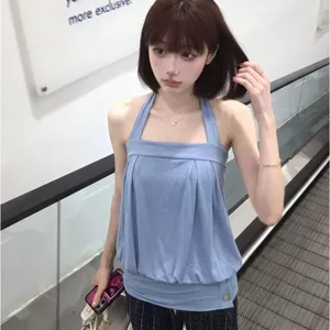 Hot Girl Blue Halterneck Camisole Nữ Thiết kế mùa hè Slim-fit Slimmer Look Sexy Hot Girl Áo không tay