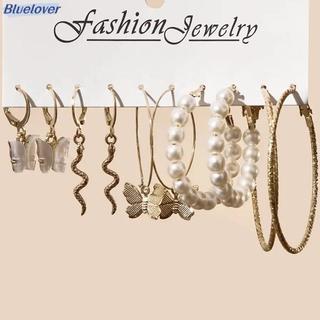 Bluelover 5 Đôi Thời Trang Lớn Màu Bạc Tròn Vòng Tròn Ngọc Trai Vòng Bông Tai Cho Bé Gái Rắn Bướm Tòn Ten Bông Tai Nữ Trang Sức Mới