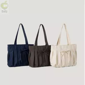 Túi Tote Mua Sắm ROLY, Túi Đeo Vai Canvas Dung Tích Lớn, Nơ Xếp Ly Thường Ngày Có Thể Gập Lại Màu Trơn Túi Xách Học Sinh