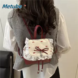 Ba lô thắt nút bướm METUBE, Ba lô Mini nơ ngọt ngào nhẹ, Ba lô nữ trang trí ren chấm bi thời trang dành cho nữ