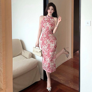 Đầm sườn xám xẻ tà in họa tiết cổ điển phong cách Trung Hoa Cao cấp thanh lich cho Nữ mùa Hè
