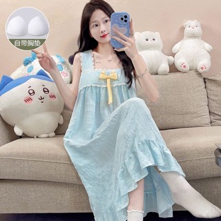 Đầm ngủ cotton kiểu mới mùa hè có đệm ngực, phong cách ngọt ngào, dáng rộng dành cho nữ