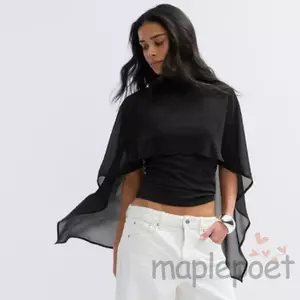 MAPLEPOET-Nữ 2 Trong 1 Voan Cape Mock Cổ Trên Lưng Cắt Lớp Sheer Cape Tay Áo Crop Slim Cho Hàng Ngày