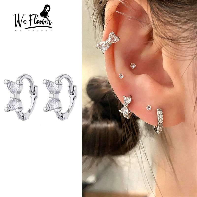 WeFlower Thanh Lịch s925 Bạc Sáng Pha Lê Nơ Vòng Bông Tai Cho Nữ Bé Gái Xuyên Nơ Tai Vòng Tròn Trang Sức Quà Tặng