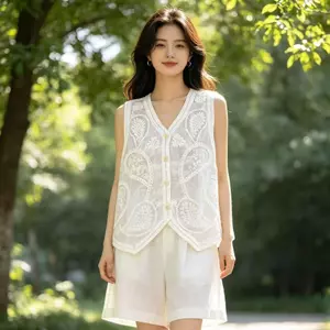 Áo vest cổ chữ V thêu ren kiểu Pháp dành cho nữ Mùa hè 2026 Plus Size Fat mm Áo không tay