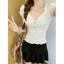 Áo thun nữ tay ngắn xếp ly phong cách Hàn Quốc mùa hè kiểu dáng mới nơ cổ chữ V Slim-