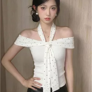 Áo thun ngắn tay một vai chấm bi màu trắng dành cho nữ Mùa hè Phong cách mới Slim-Fit Slimm