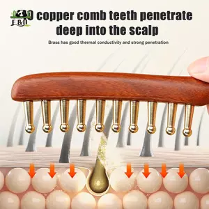 Máy mát xa bằng đồng & gỗ 10 tầng dành cho đầu Kinh tuyến Trị liệu và thư giãn Gỗ đàn hương vàng cạo Guasha Tay cầm dài EMKK