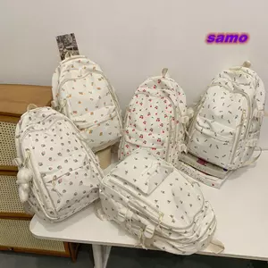 Ba lô nữ SAMO, Túi đi học dành cho học sinh Nylon dung tích lớn, Họa tiết hoa thẩm mỹ có mặt dây chuyền Phong cách Preppy Du lịch Ba lô du lịch ngoài trời
