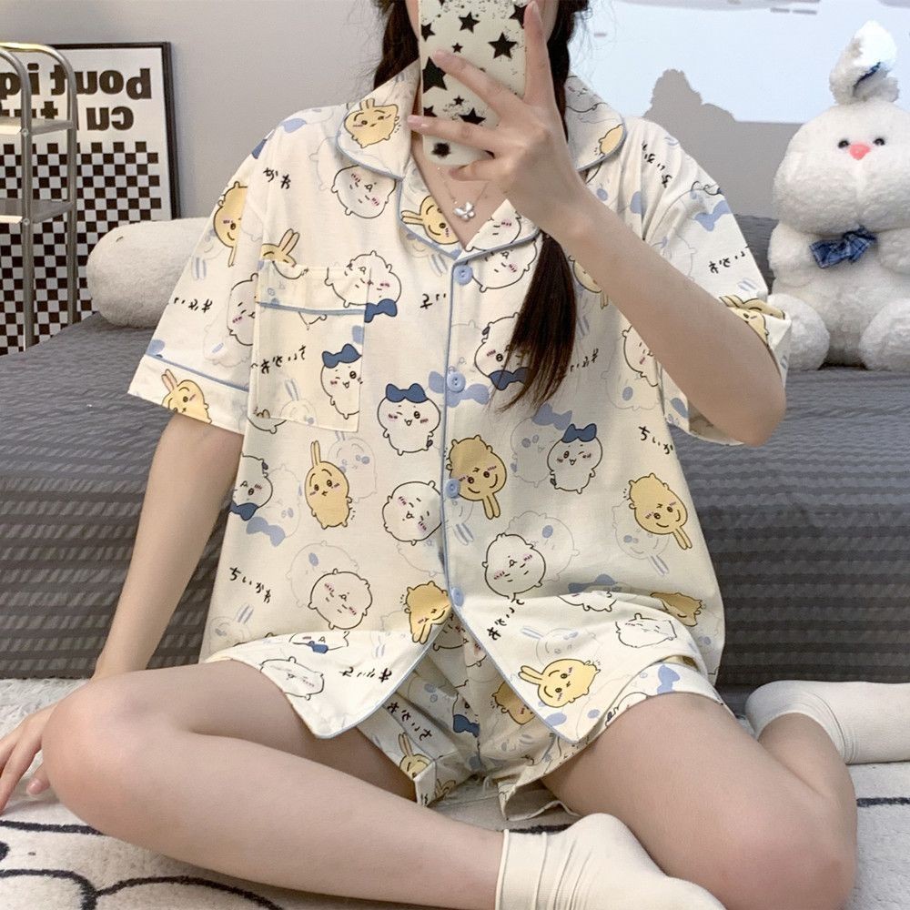 Nhật Bản Dễ Thương Jiikawa Bộ Đồ Ngủ Nữ Tay Ngắn Hoạt Hình Usaki Xiaobake Mặc Bên Ngoài Homewear Phù Hợp Với