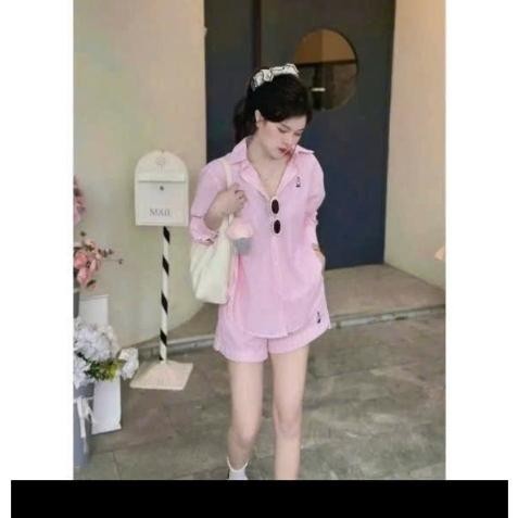 Set Bộ Áo Sơ Sọc Kẻ Thêu Gấu Kèm Quần Short Thun Năng Động, Chất cotton Thoáng Mát Dày Dặn - Có bigsizeBs078