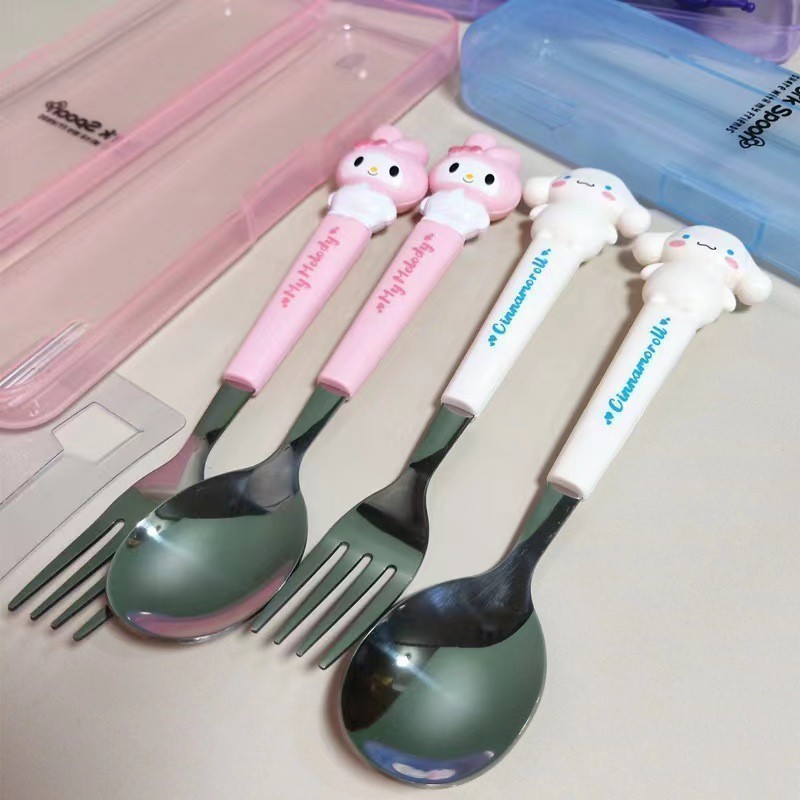Set 2 Thìa Nĩa Bằng Thép Không Gỉ HĐáng Yêu - Hộp Thìa Ăn Cá Nhân Trẻ Em -tranh
