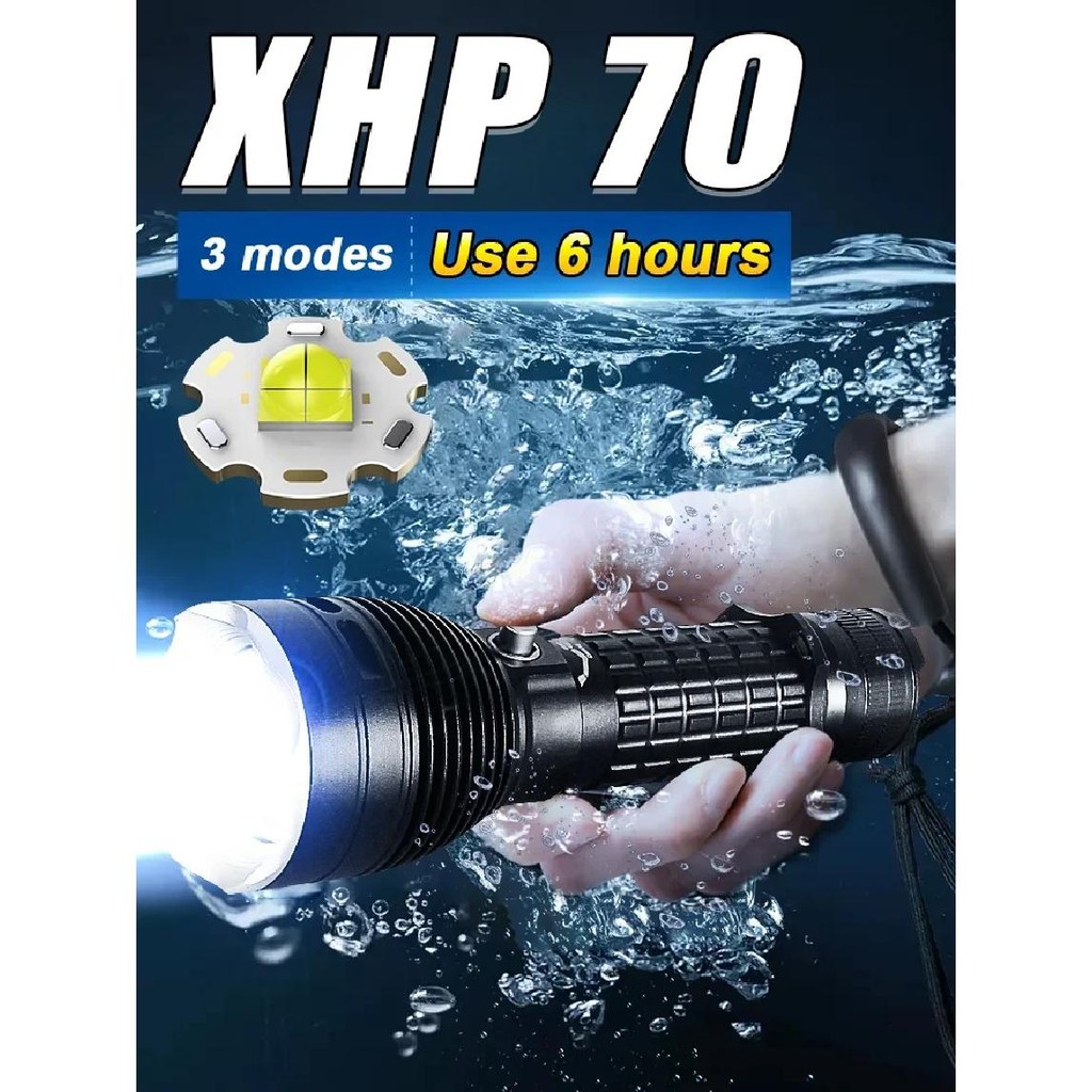 Đèn pin lặn XHP70 sạc lại, chống nước IPX8