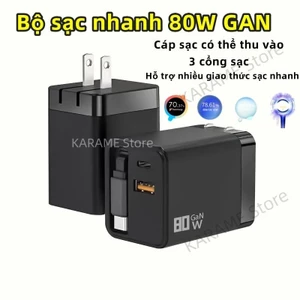 Sạc Nhanh 80W GaN Đa Năng Có Dây Rút - 3 Cổng, Sạc Cùng Lúc Điện Thoại, Laptop, Máy Tính Bảng - Nhỏ Gọn cho Android iOS