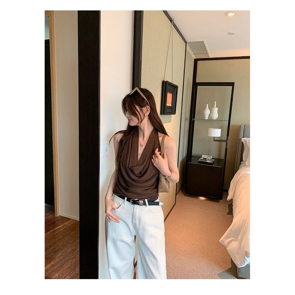 Milyfashion Áo sơ mi form rộng màu cà phê retro thắt nút cổ dây ngắn, phù hợp thời trang mùa hè