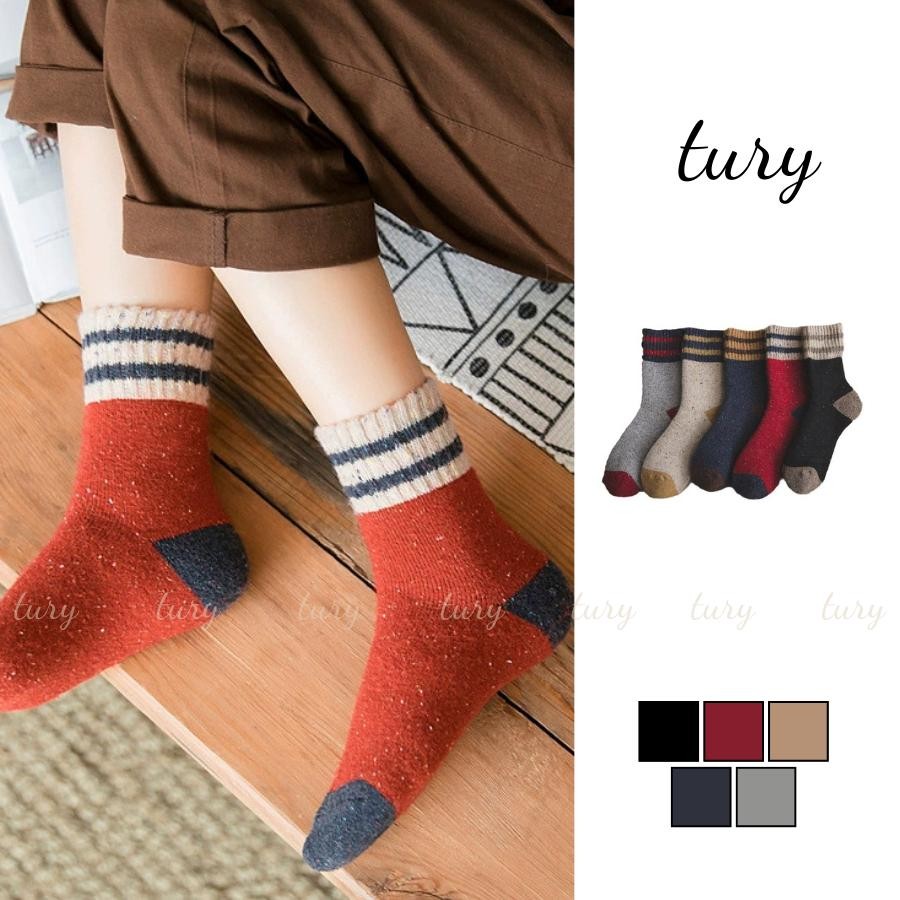Tất Vớ Len Unisex Nam Nữ - Tury - Vớ Tất Len Nam Nữ Cổ Cao Retro Phối Cổ Sọc - TV011