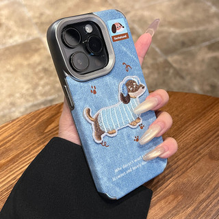 Hàn Quốc Hoạt Hình Dễ Thương Thêu Chó Con Mạ Ống Kính Jean Vải Ốp Lưng Điện Thoại iPhone 17Promax 17Pro 12 13 14 15 16 Pro Max 15Plus Chống Sốc Ngọt Ngào Nữ Tính Vỏ Di Động