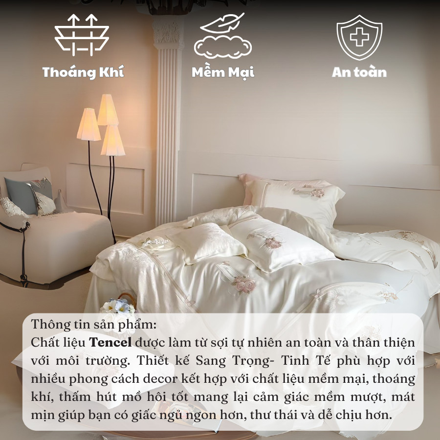 Bộ chăn ga gối Tencel cao cấp mềm mượt MemMinbedding Luxury họa tiết thêu hoa bướm tinh tế sang trọng - L41648