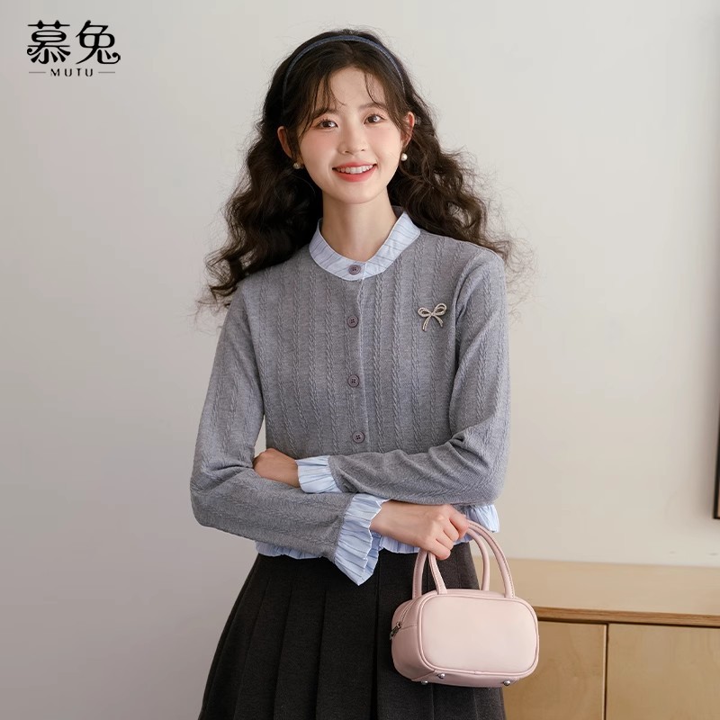 Mutu Phong Cách Pháp Giả Hai Mảnh Cổ Tròn Áo Len Cardigan Nữ Mùa Xuân 2026 Phong Cách Mới Preppy Phong Cách Dài Tay Dệt Kim Top