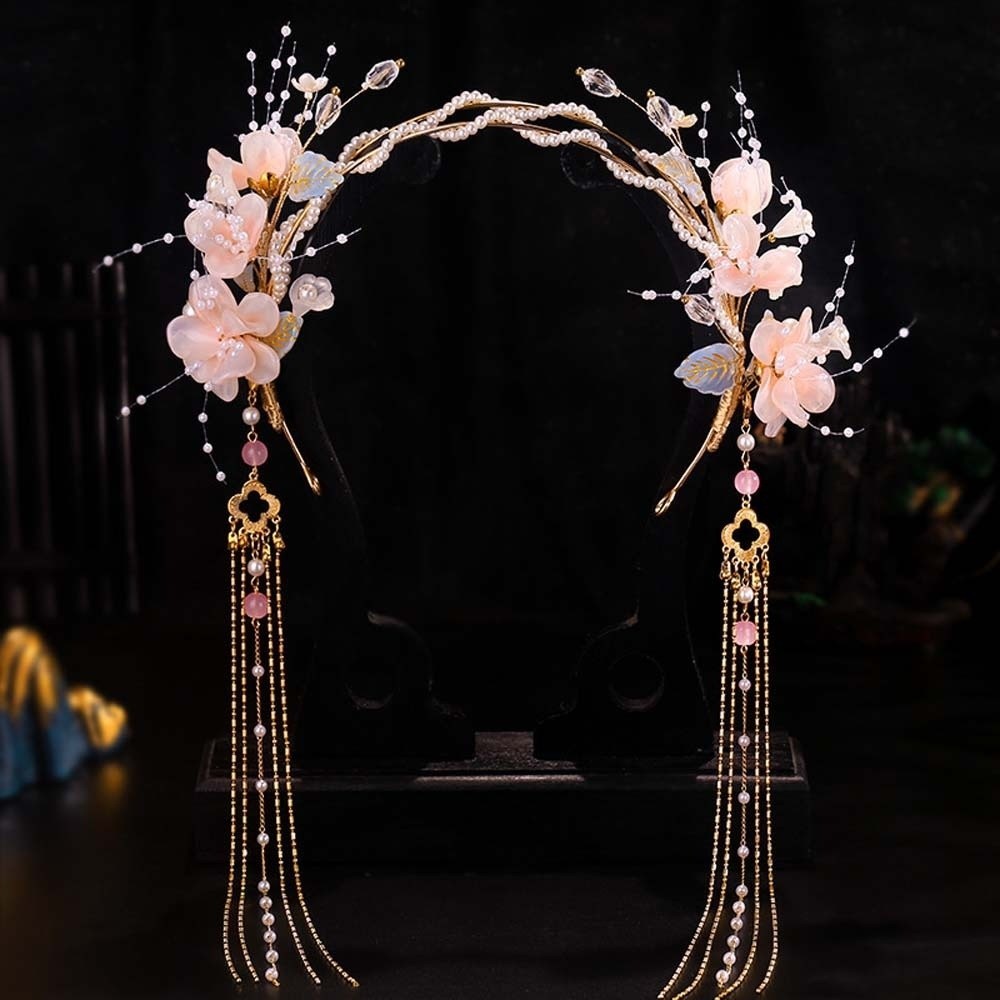 WEETW Băng Đô Quấn Tóc Cổ, Vương Miện Hạt Hanfu Tua Rua Tóc, Hoa Tinh Tế Hợp Kim Pha Lê Lắc lư Cổ Tích Mũ Sườn Xám