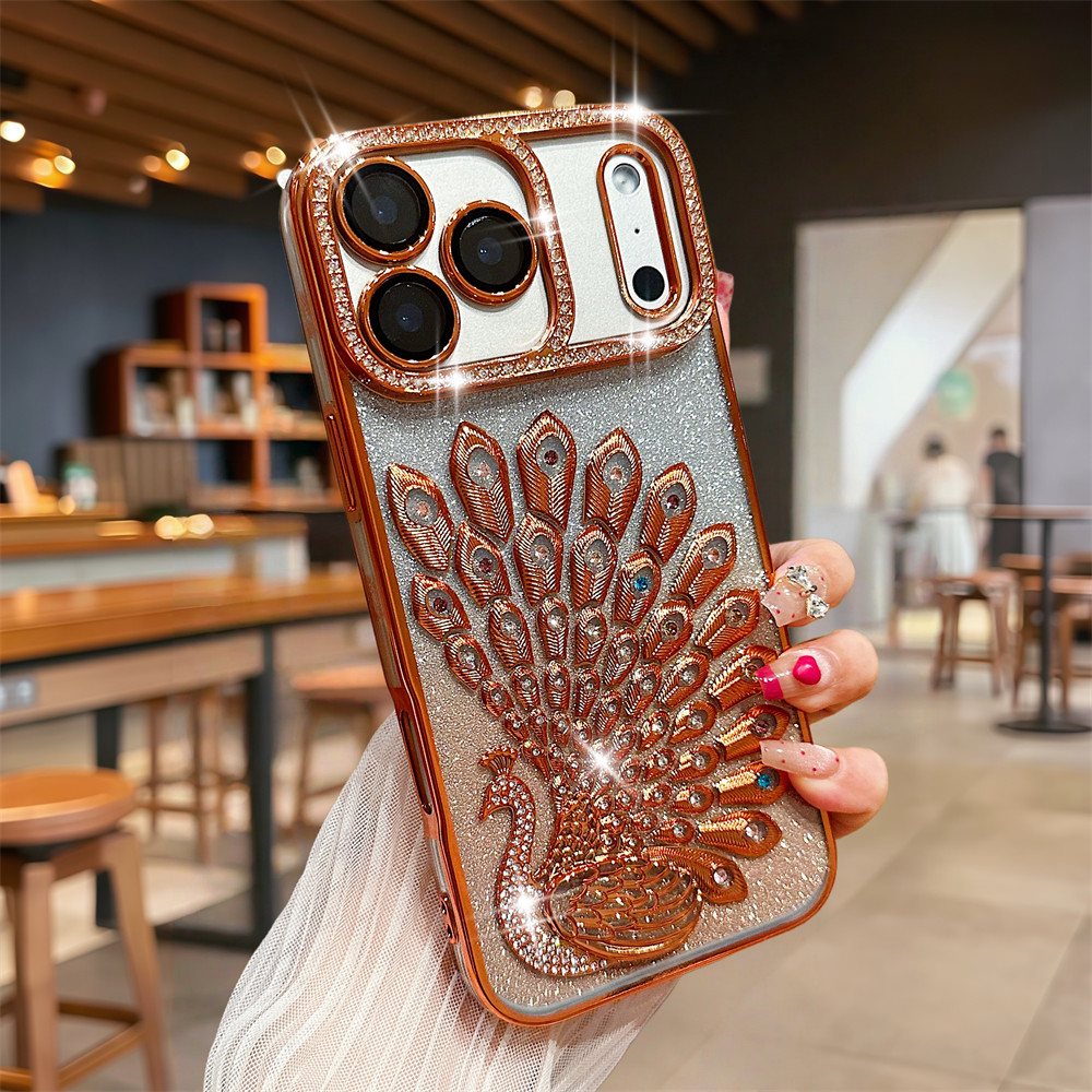 Ốp điện thoại hình con công Flash Diamond 3D cho iPhone 17 Pro Max 16 13 14 15 Pro Max Air Phim bảo vệ gương chống rơi TPU mềm vỏ bảo vệ điện thoại