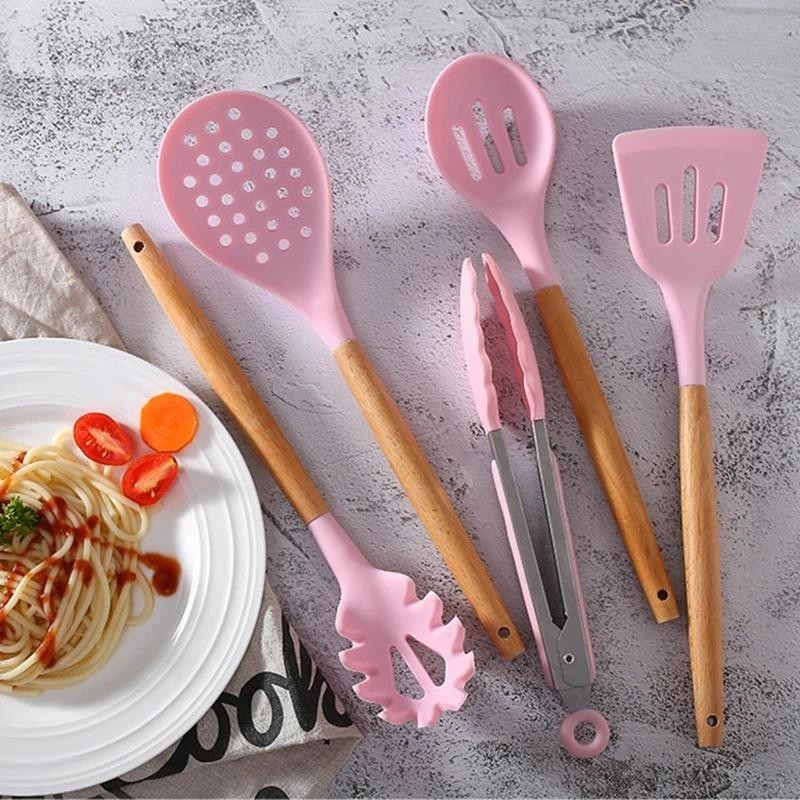 Bộ Dụng Cụ Nấu Ăn Gel Silicone, 12 Món Cán Gỗ Kitchen Set, nấu ăn làm bánh, Chịu Nhiệt Chống Dín
