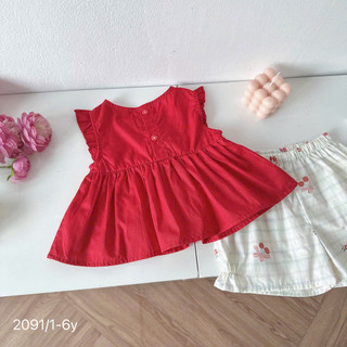 Set Bộ Áo Đỏ Đính Cherry Sát Nách Cho Bé Gái Chất Thô Lụa 8-26kg