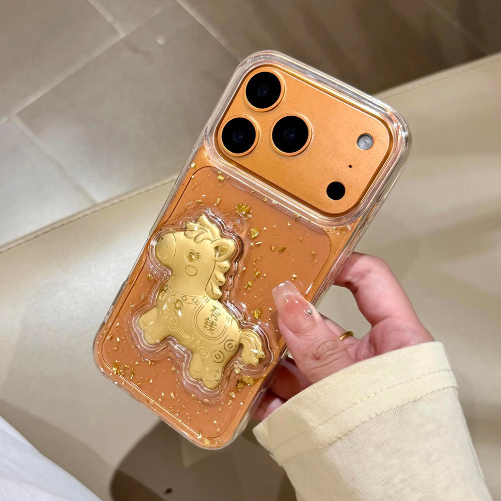 Ốp Điện Thoại Nhựa Lá Vàng 3D Ngựa Cho iPhone 17 Pro Max 17 Air 16 Plus 15 14 13 12 11 Vỏ Bảo Vệ Chống Sốc