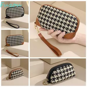 Ví kiểu dáng dài FUJIOU, Ví dây kéo bằng vải Pu Houndstooth, Ví đựng tiền xu in di động Kẹp tiền vuông Ví ngoài trời