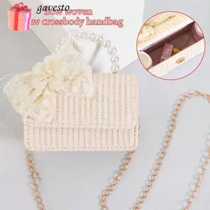 Túi Messenger GAVESTO, Túi Rơm Di Động Nơ, Túi Đi Biển Ngọc Trai Thời Trang Mùa Hè Nữ