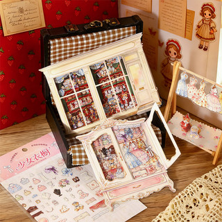 ENWEI 3 Chiếc [Dòng Bộ Sưu Tập Cửa Sổ Bé Gái] Nhãn Dán Phong Cảnh Vintage Cô Gái Chủ Đề Búp Bê Cực Lớn Phong Cách Retro Thêu Sò Tạp Chí Văn Phòng Phẩm