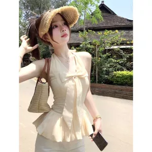 Tính khí cay ngọt ngào Cổ tích Thắt lưng đẹp Thắt dây Áo mùa hè Phong cách mới Eo hẹp thon gọn hơn Nhìn mượt mà Bud Top Nữ
