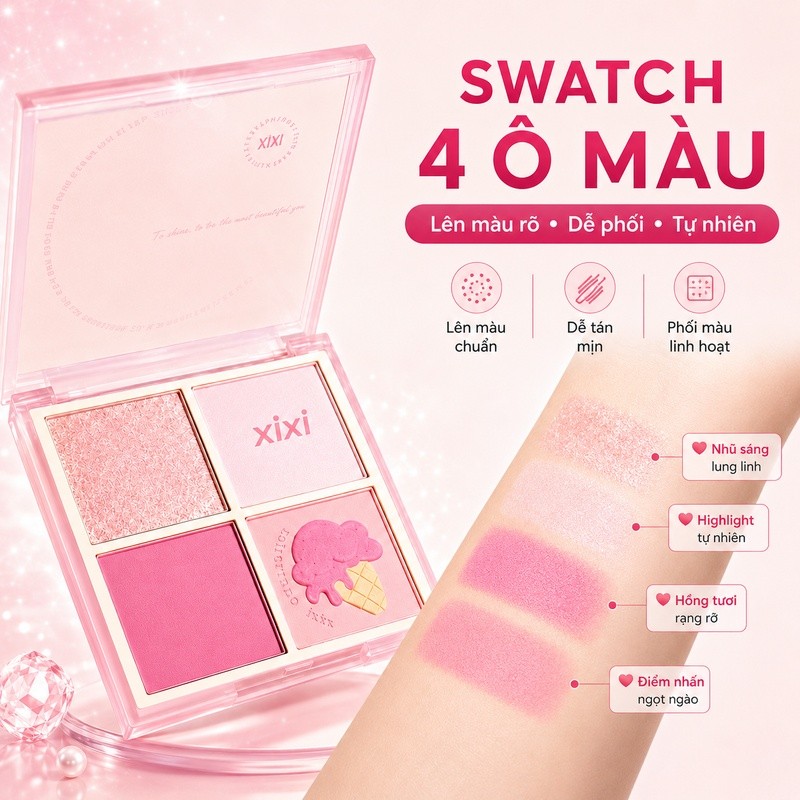 XIXI D511 Bảng Má Hồng 4 Ô Bắt Sáng Tự Nhiên Tạo Hiệu Ứng Hồng Hào