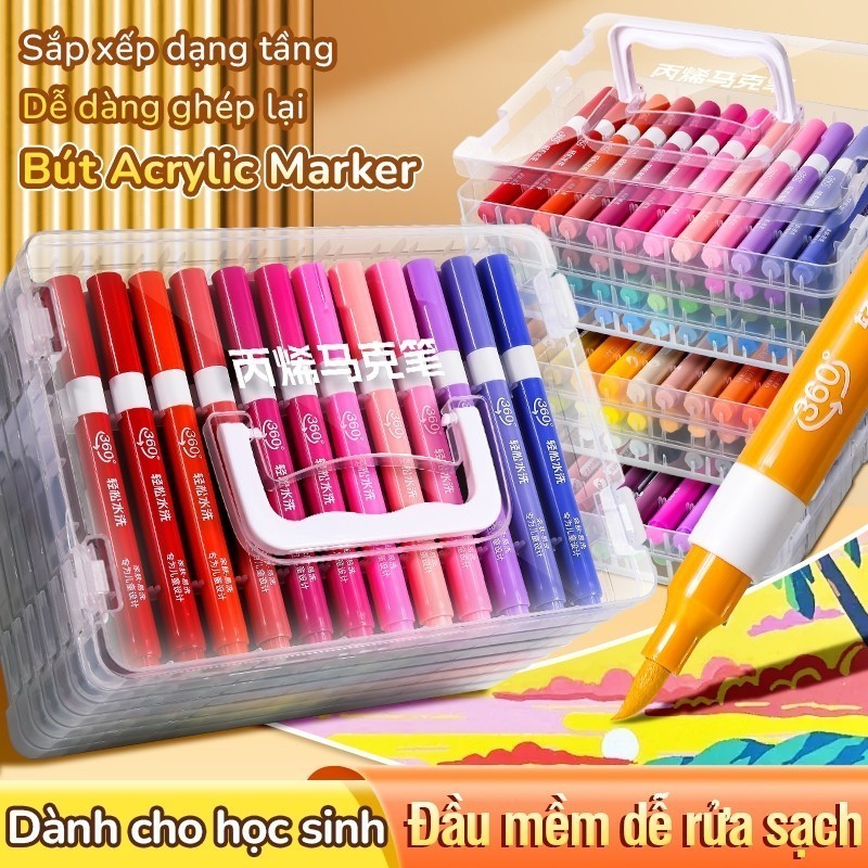 Bút màu acrylic marker ngòi brush linh hoạt hộp 60/72/84 màu tươi sáng cho học sinh vẽ DIY