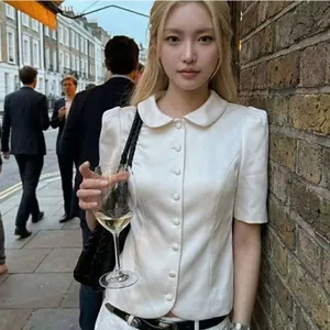 Mùa hè cao cấp Sense Slim-fit Retro Acetate Cổ búp bê Áo sơ mi nữ Áo sơ mi nữ một dây sang trọng