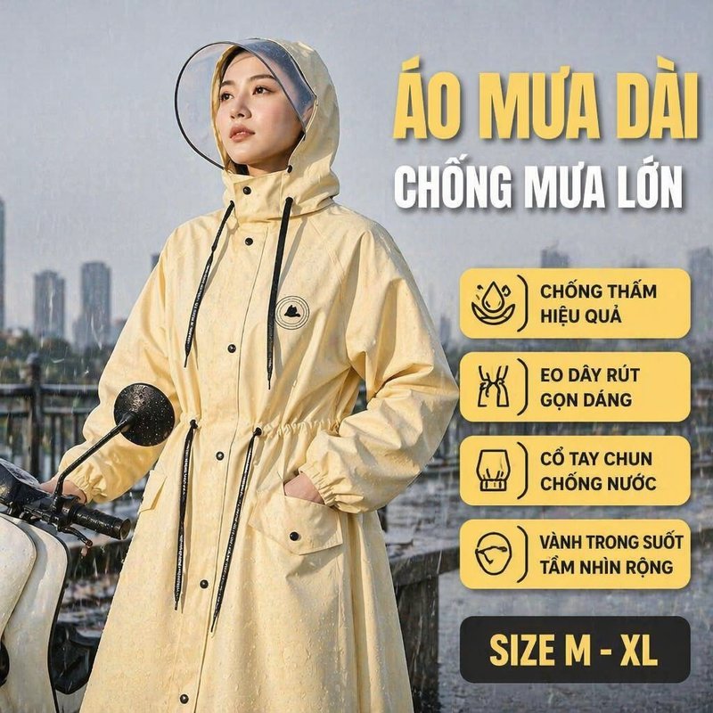 Áo Mưa Dài đi Xe Máy Chống Mưa Lớn Chất Liệu Eva Dây Rút Eo Cổ Tay Chun Mũ Trong Suốt